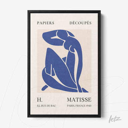 contemporary artwork of a human figure in blue on light background framed in black