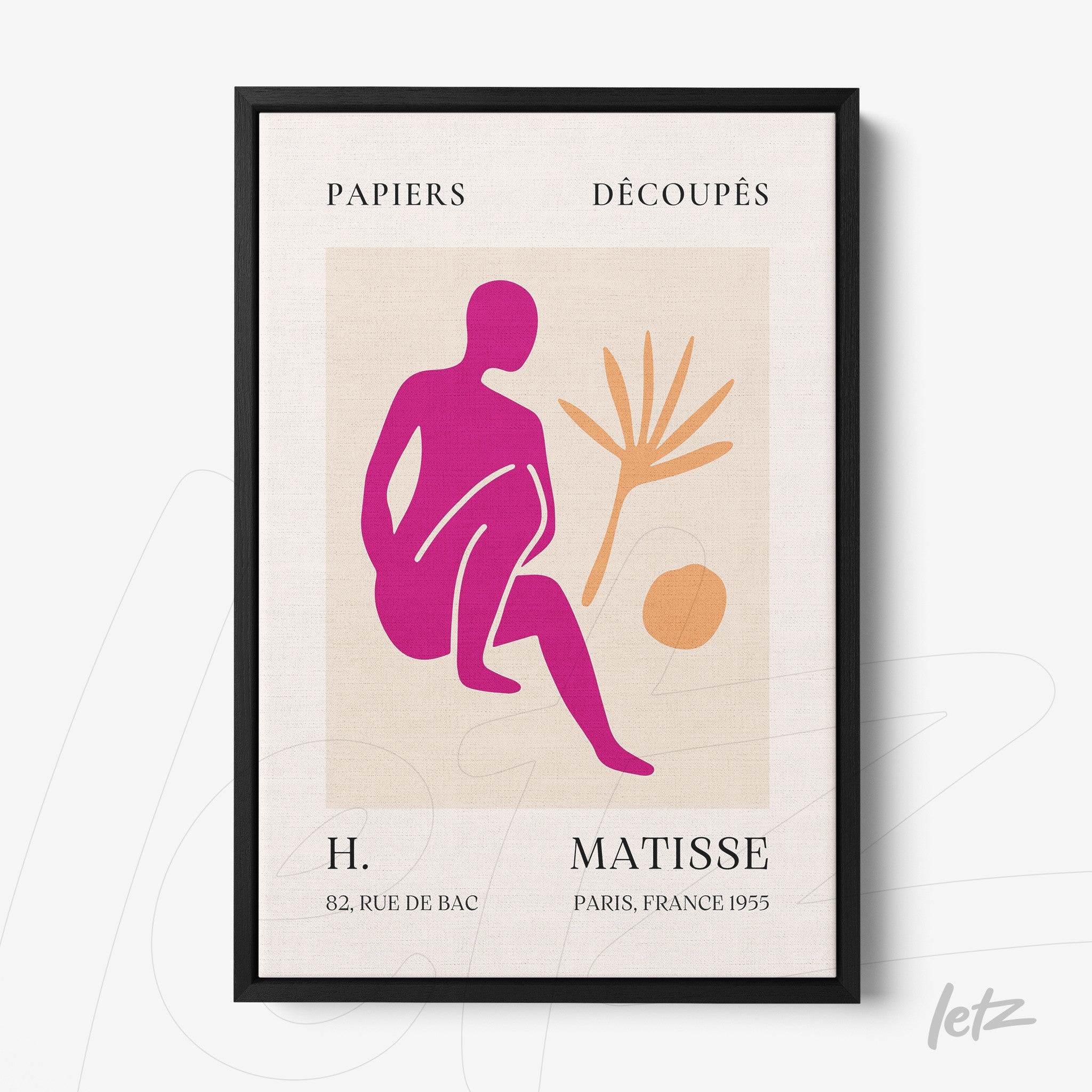 framed wall art featuring a stylized human figure in pink and orange tones