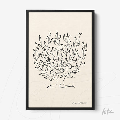 framed wall art featuring minimalist illustration of leaves in black lines on light background