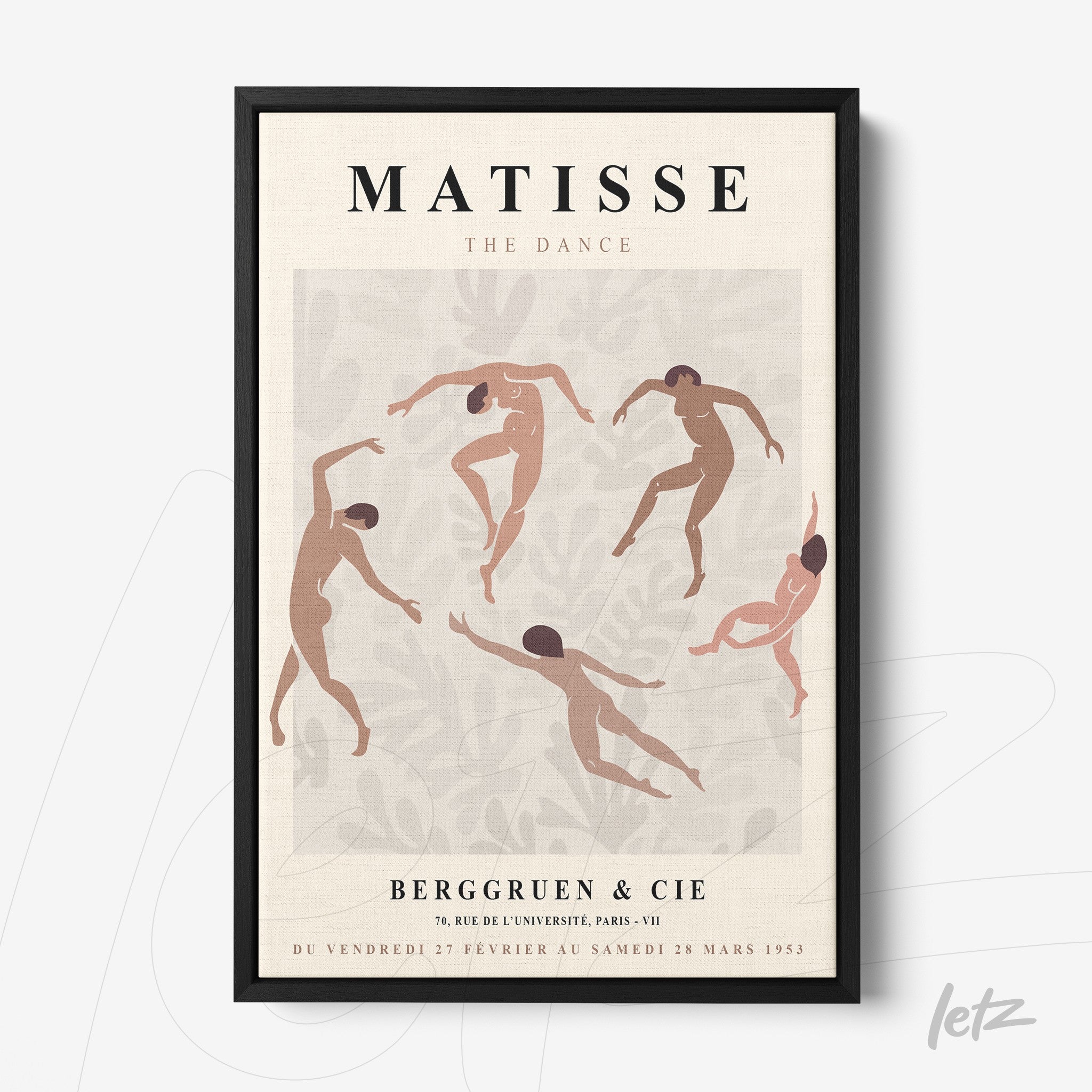 framed artwork depicting stylized dance in earthy tones featuring figures in motion against a neutral background with subtle leaf pattern