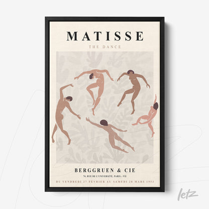 framed artwork depicting stylized dance in earthy tones featuring figures in motion against a neutral background with subtle leaf pattern