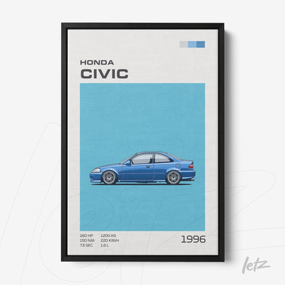 framed artwork featuring a digital illustration of a 1996 Honda Civic on a light blue background