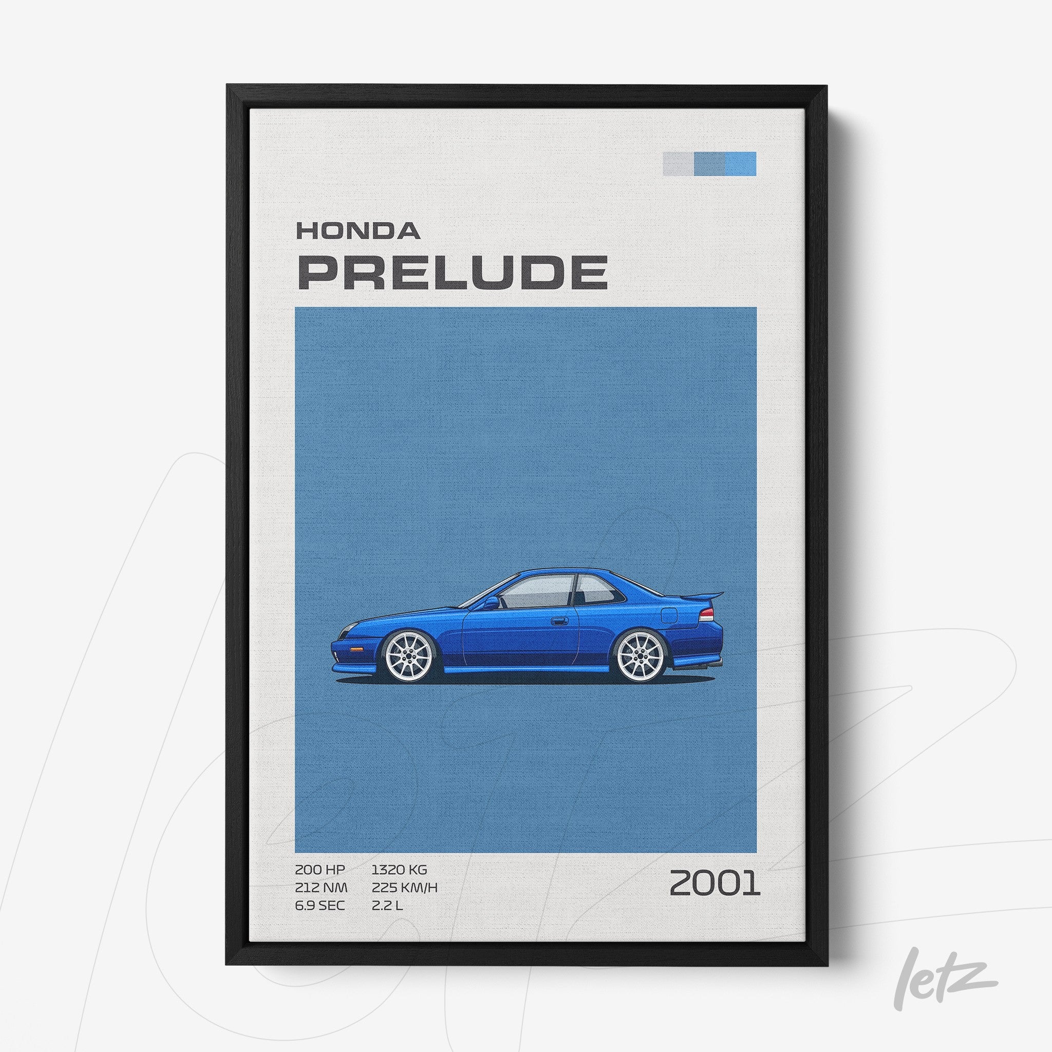 framed artwork of a blue Honda Prelude car on blue background with black frame