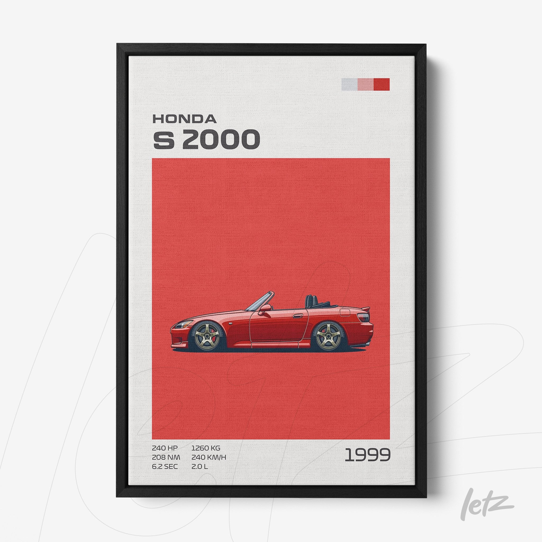 framed graphic art of Honda S2000 car on vibrant red background with black frame