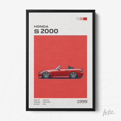 framed graphic art of Honda S2000 car on vibrant red background with black frame