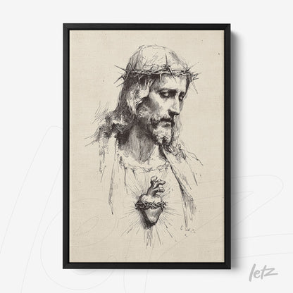 classic style framed artwork of Jesus Christ portrait in gray tones with black frame and light background