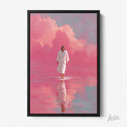 framed art depicting a figure walking on water with a pink background and clouds