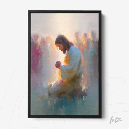 framed artwork depicting Jesus in prayer with an ethereal background and black frame