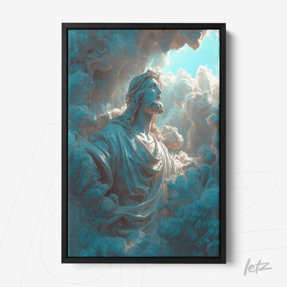 framed artwork of a divine figure emerging from clouds in a black frame