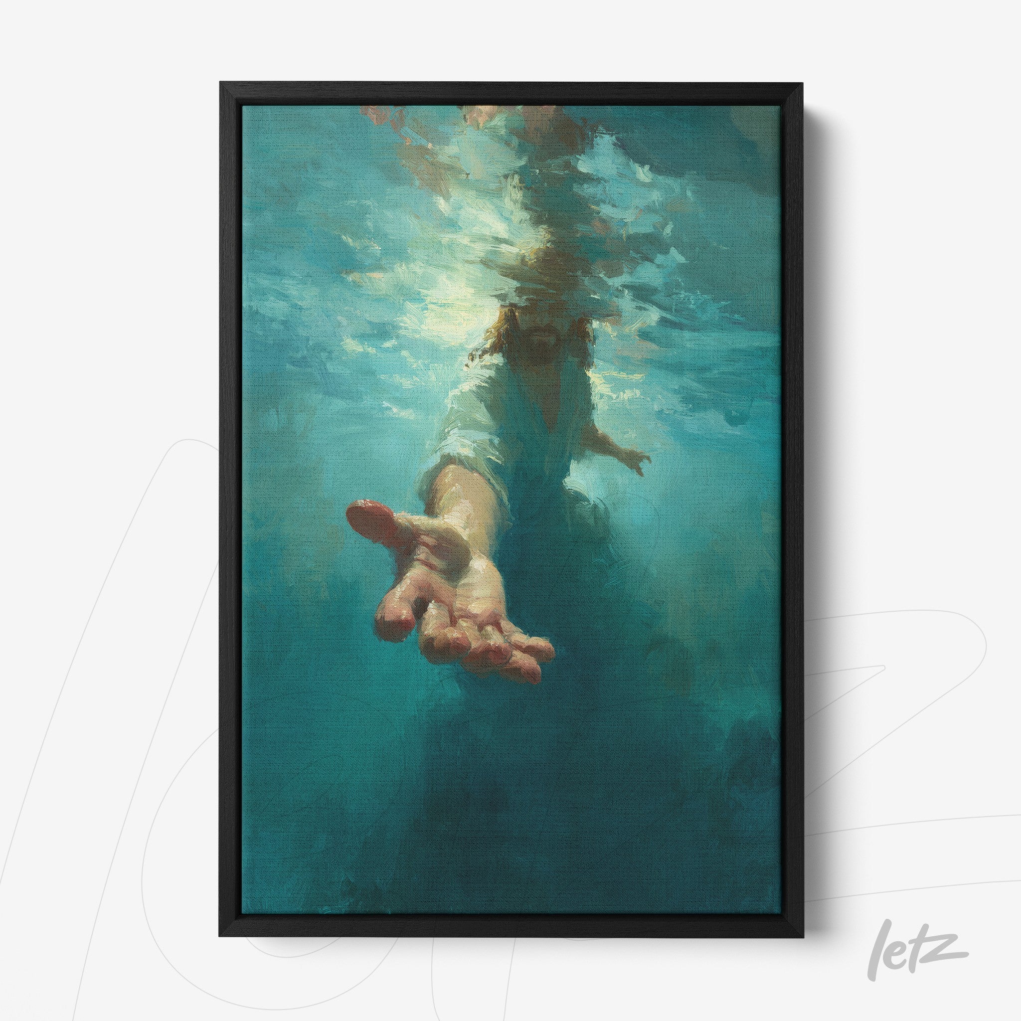 canvas print featuring an artistic representation of an outstretched hand underwater with shades of blue and green, framed in black