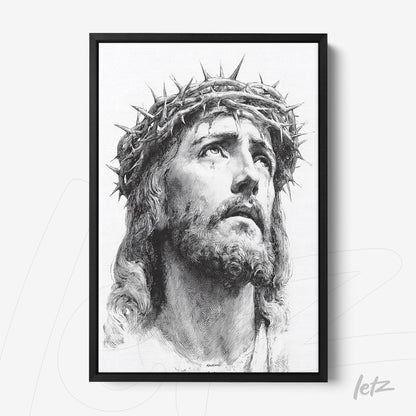 framed artwork featuring a black and white portrait of Jesus Christ wearing a crown of thorns