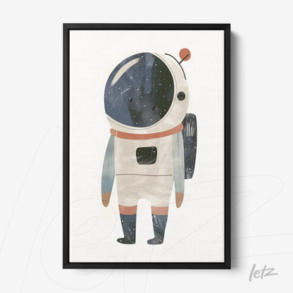 framed wall art featuring a watercolor illustration of an astronaut with a light background and black frame