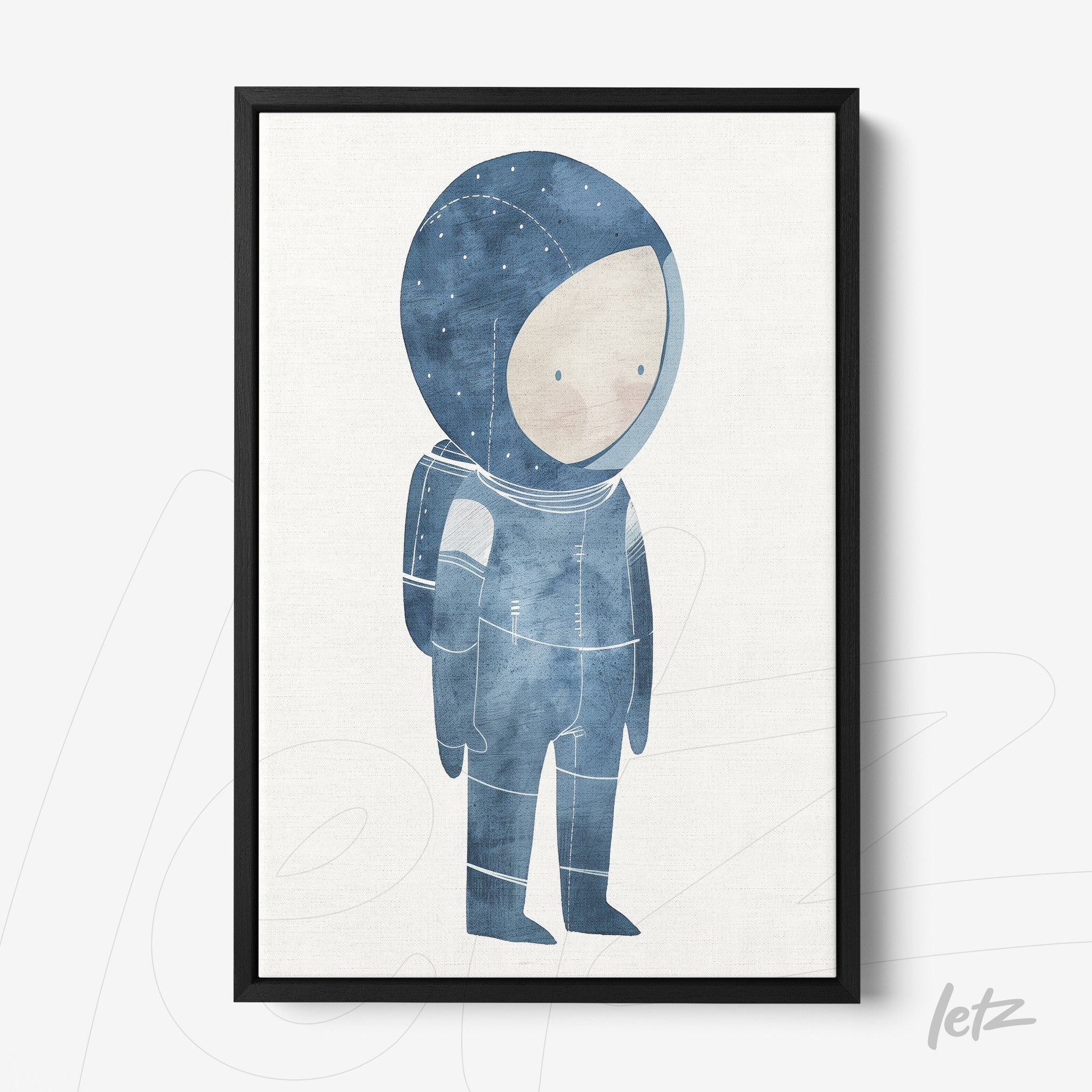 framed artwork featuring a blue-toned astronaut illustration in a black frame