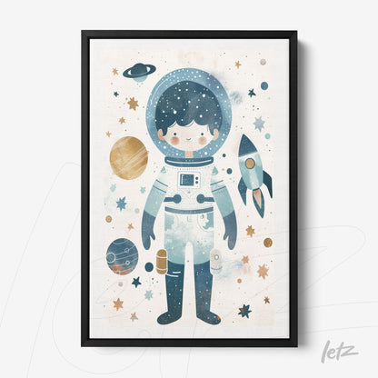 framed art of a child astronaut in colorful space background with planets and stars