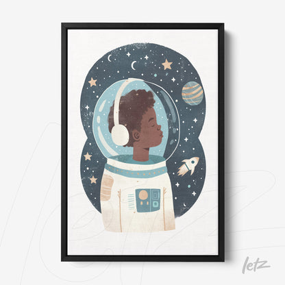 framed art featuring a black astronaut illustration against a starry background