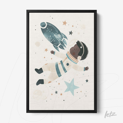 framed art featuring black astronaut floating in space with a rocket and stars