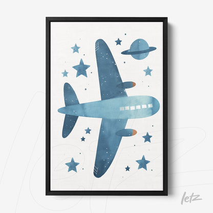 watercolor art print of an airplane in blue hues with stars and a planet in the background, framed in black