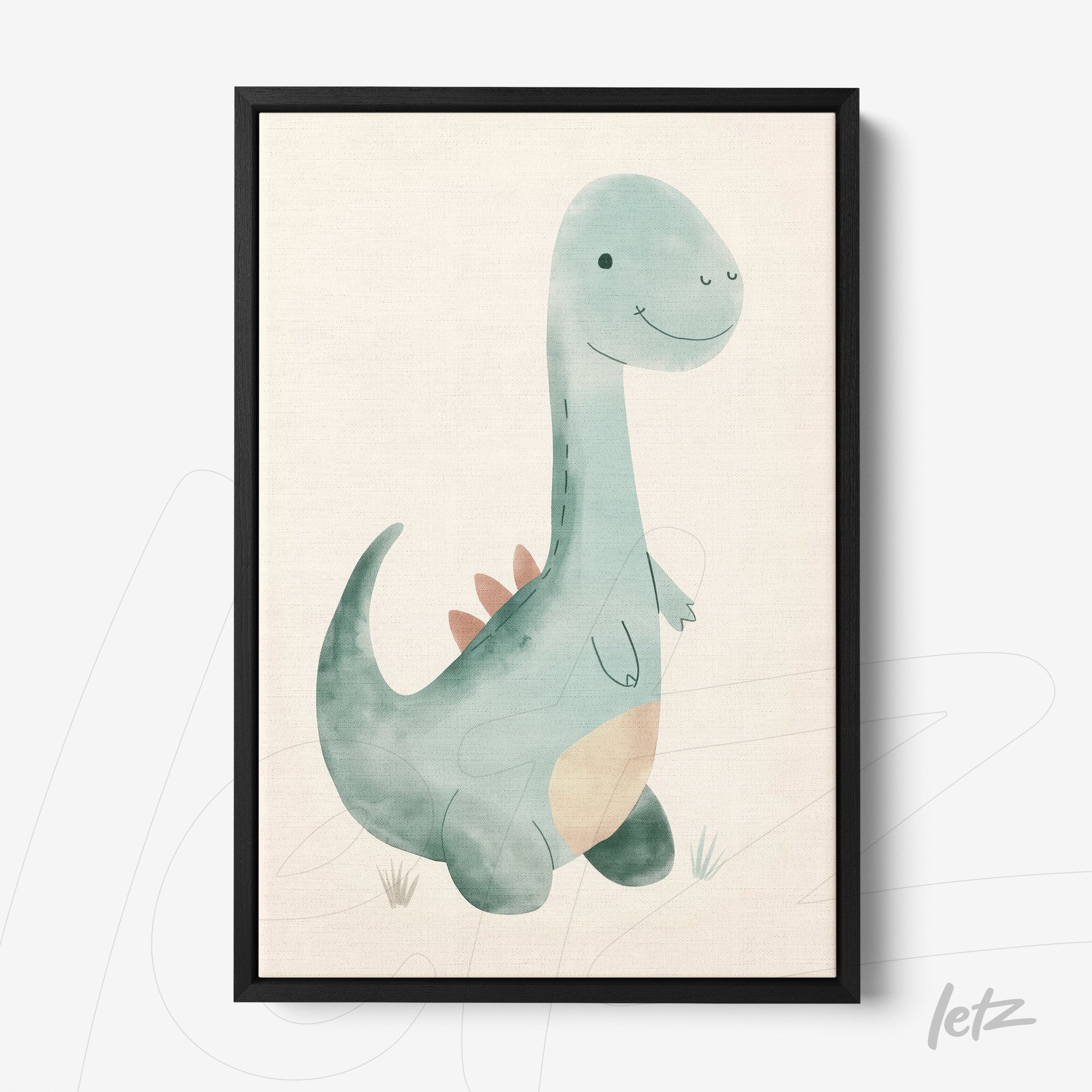 framed canvas art featuring a friendly dinosaur illustration on a light background with black frame