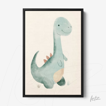 framed canvas art featuring a friendly dinosaur illustration on a light background with black frame