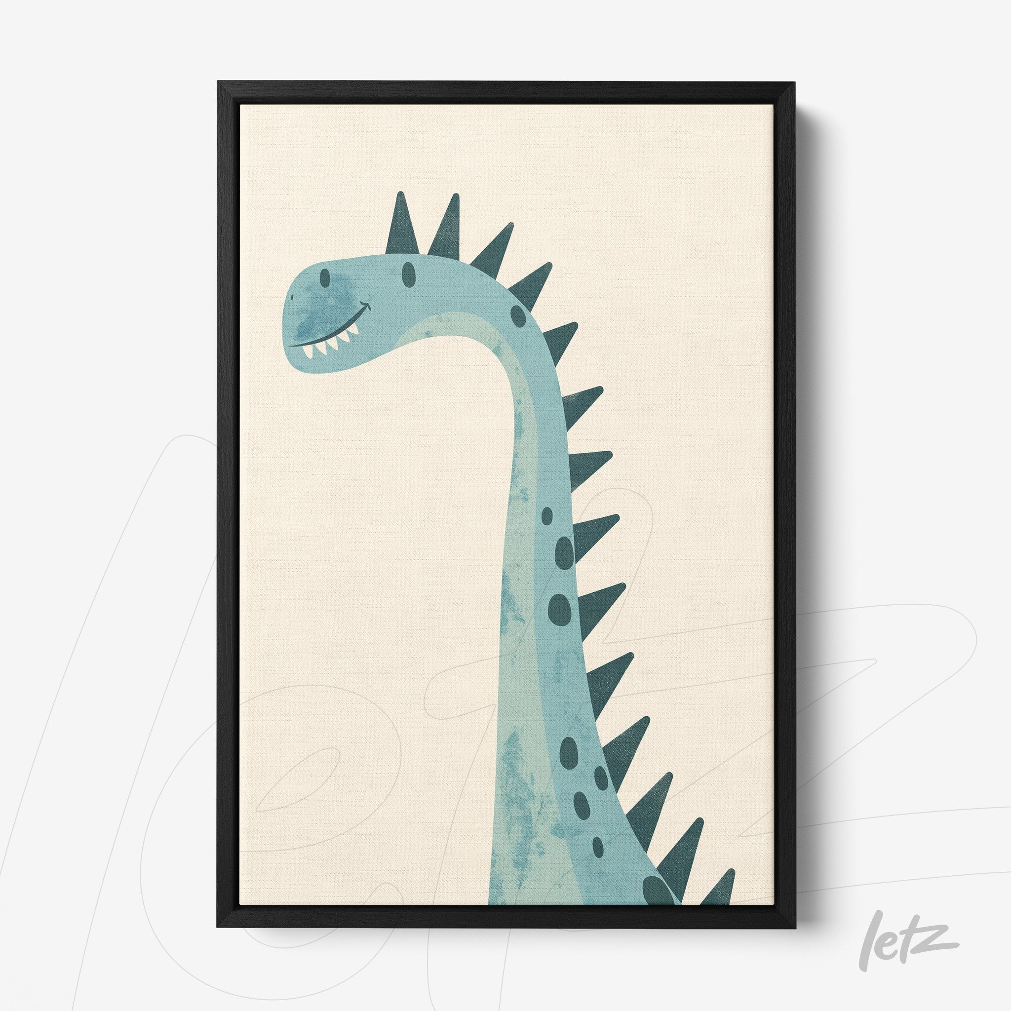 framed wall art featuring a cute blue dinosaur with a soft texture