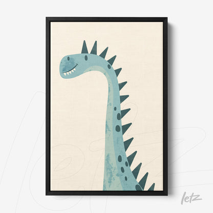 framed wall art featuring a cute blue dinosaur with a soft texture