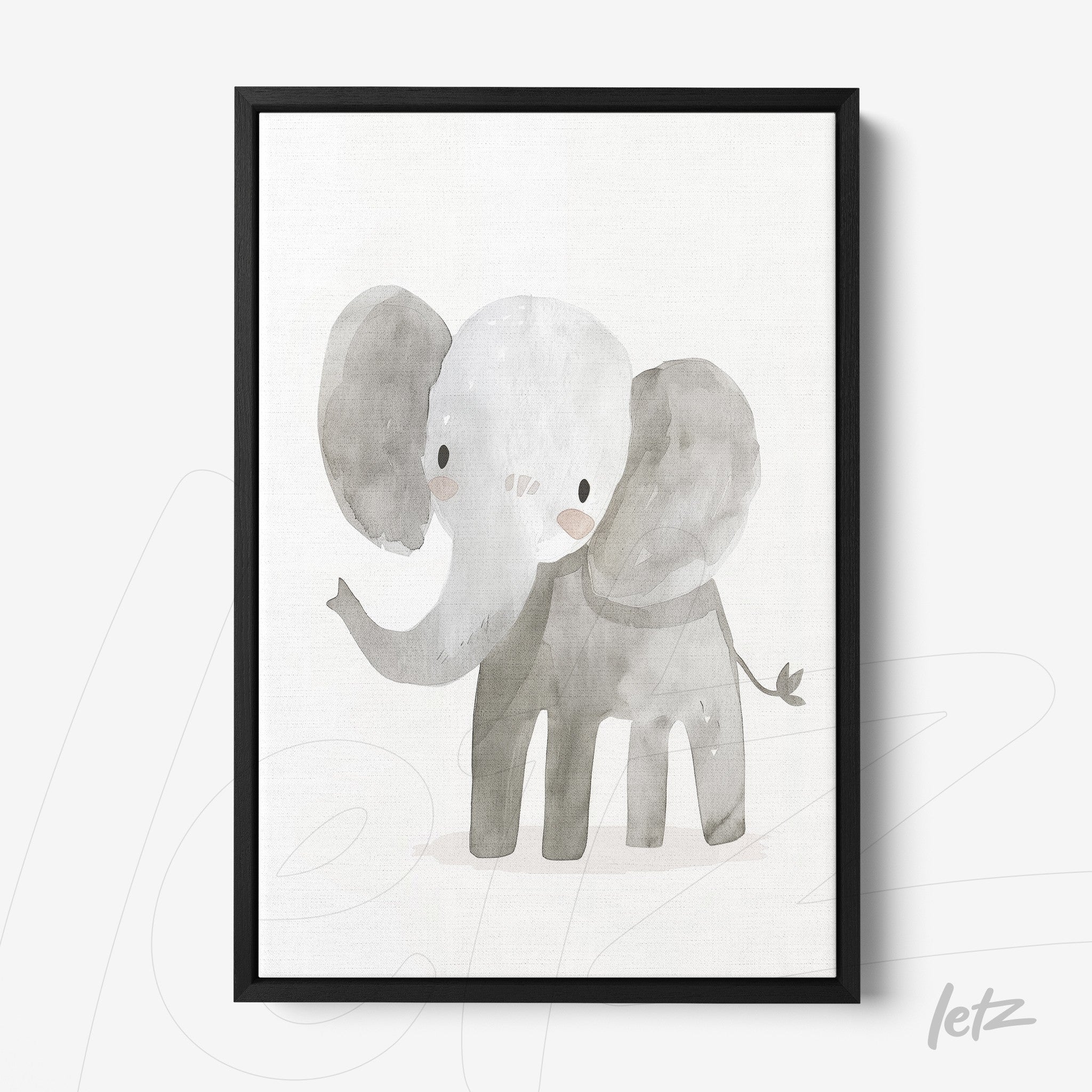 framed wall art featuring a watercolor illustration of an elephant in playful design