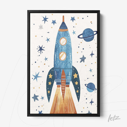 framed artwork featuring a colorful rocket taking off surrounded by stars and planets