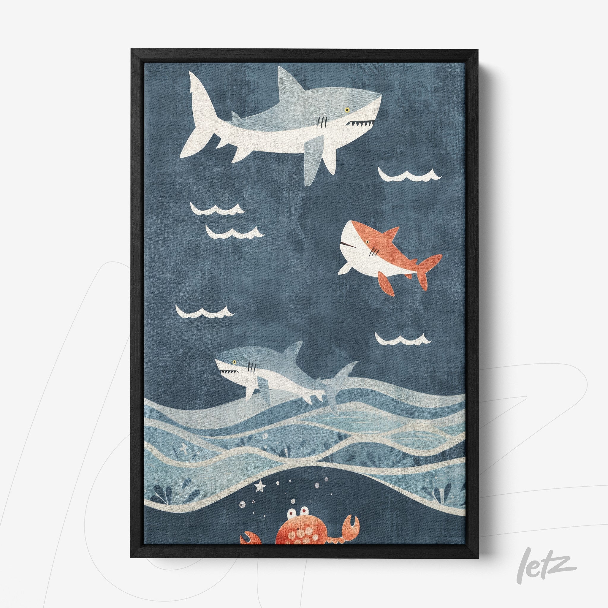 framed wall art featuring playful sharks on navy blue background with waves and a crab