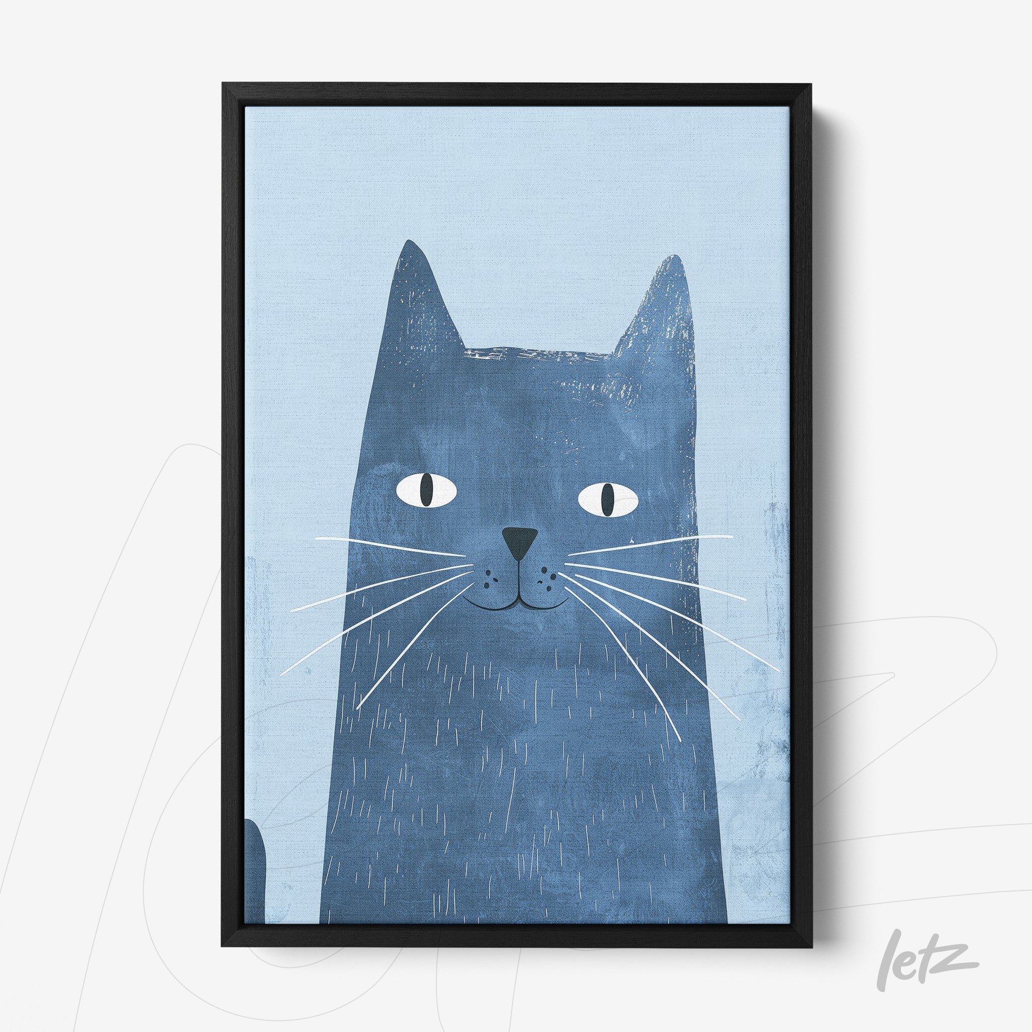 framed artwork of a cat against a light blue background with a black frame
