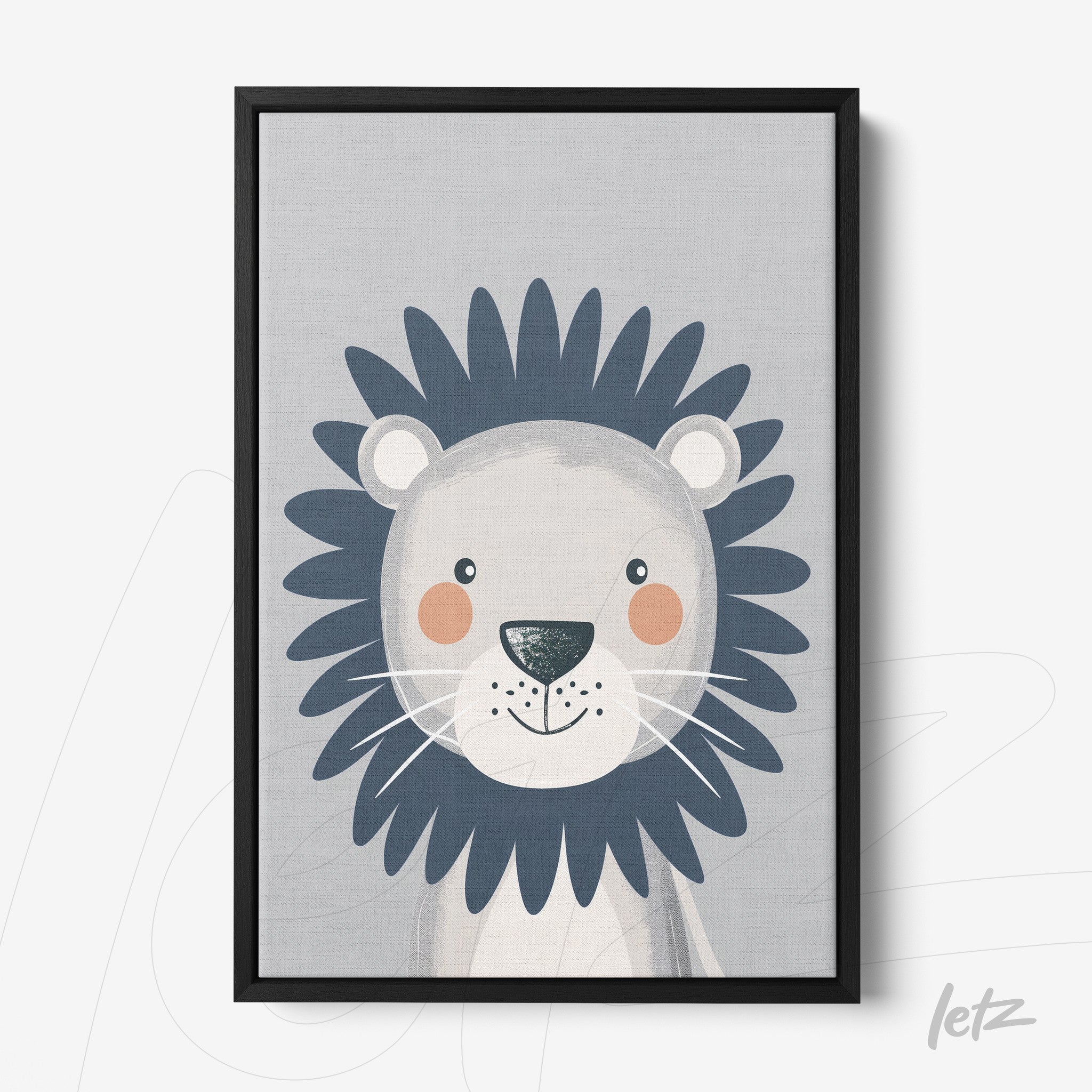 framed wall art featuring a smiling lion illustration with a gray background and black frame