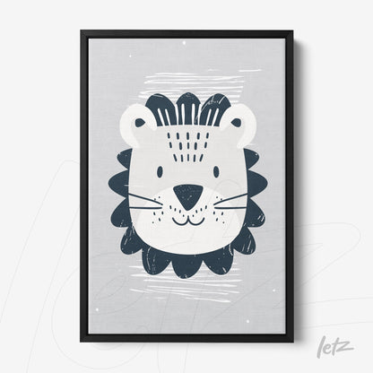 framed art featuring a stylized lion illustration on a gray background