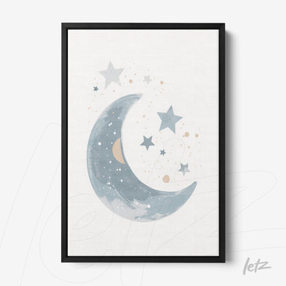 framed wall art featuring a moon and stars illustration in shades of blue and beige