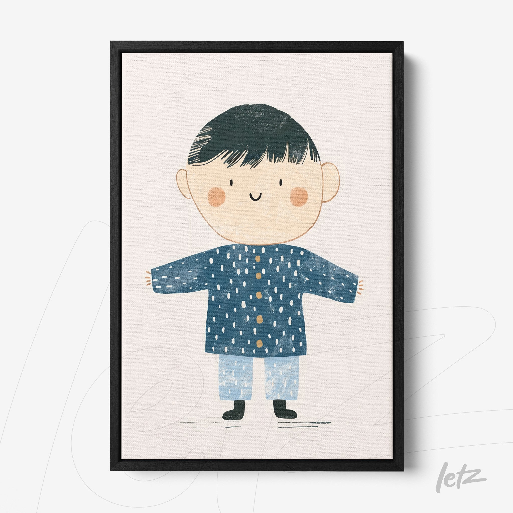 framed wall art featuring a smiling child in a blue coat and white pants with patterns