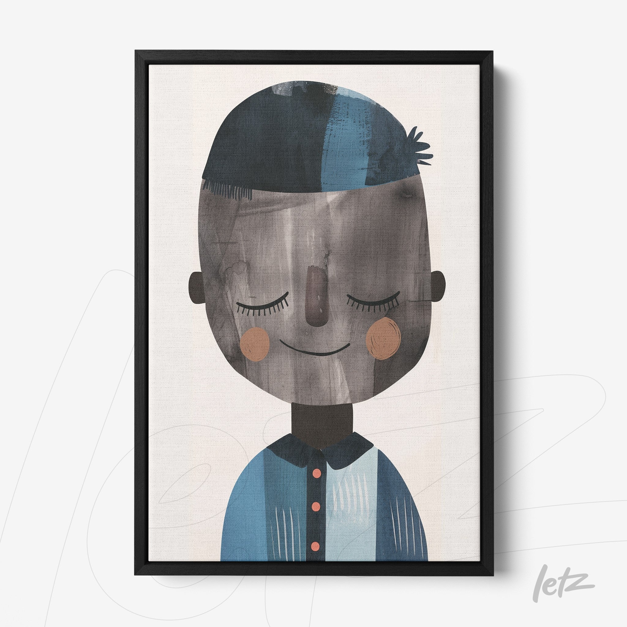 framed wall art featuring a charming illustration of a smiling male figure wearing a blue shirt with brown accents