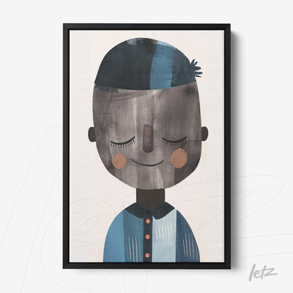 framed wall art featuring a charming illustration of a smiling male figure wearing a blue shirt with brown accents