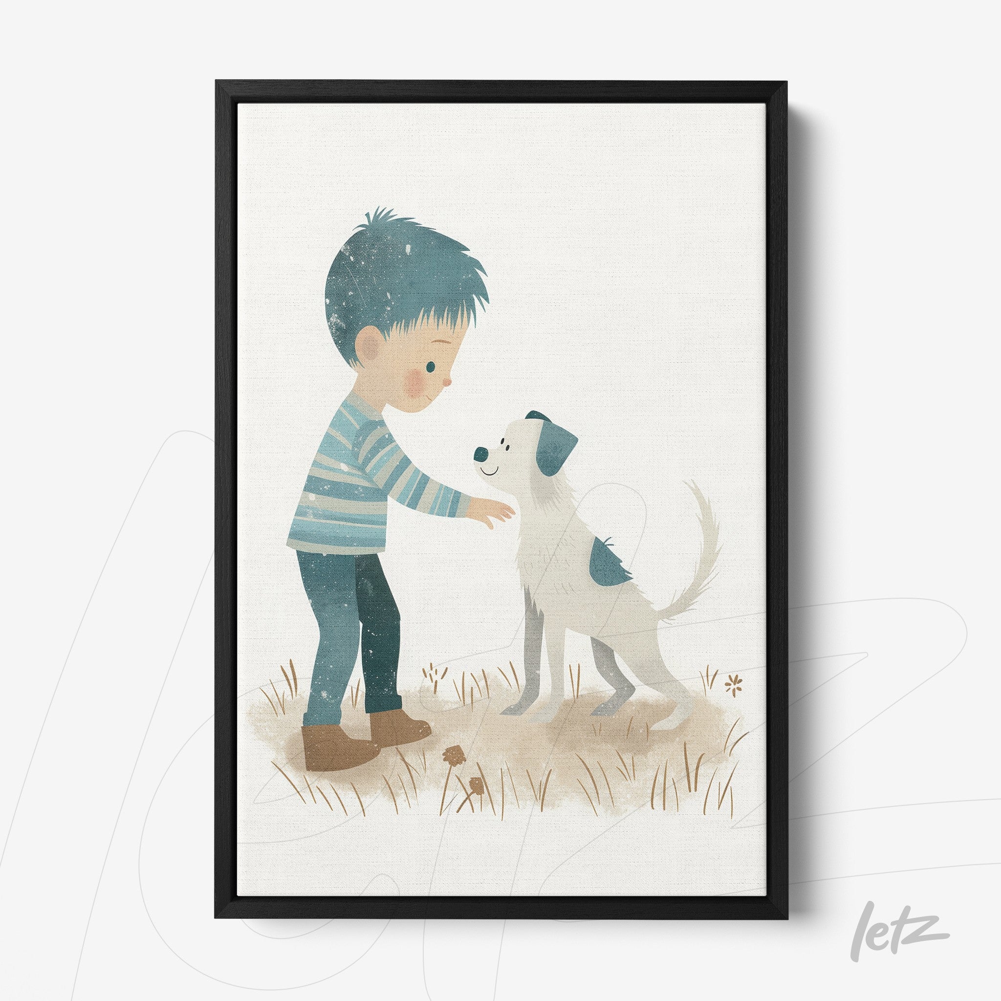 framed artwork of a child interacting with a dog in a black frame