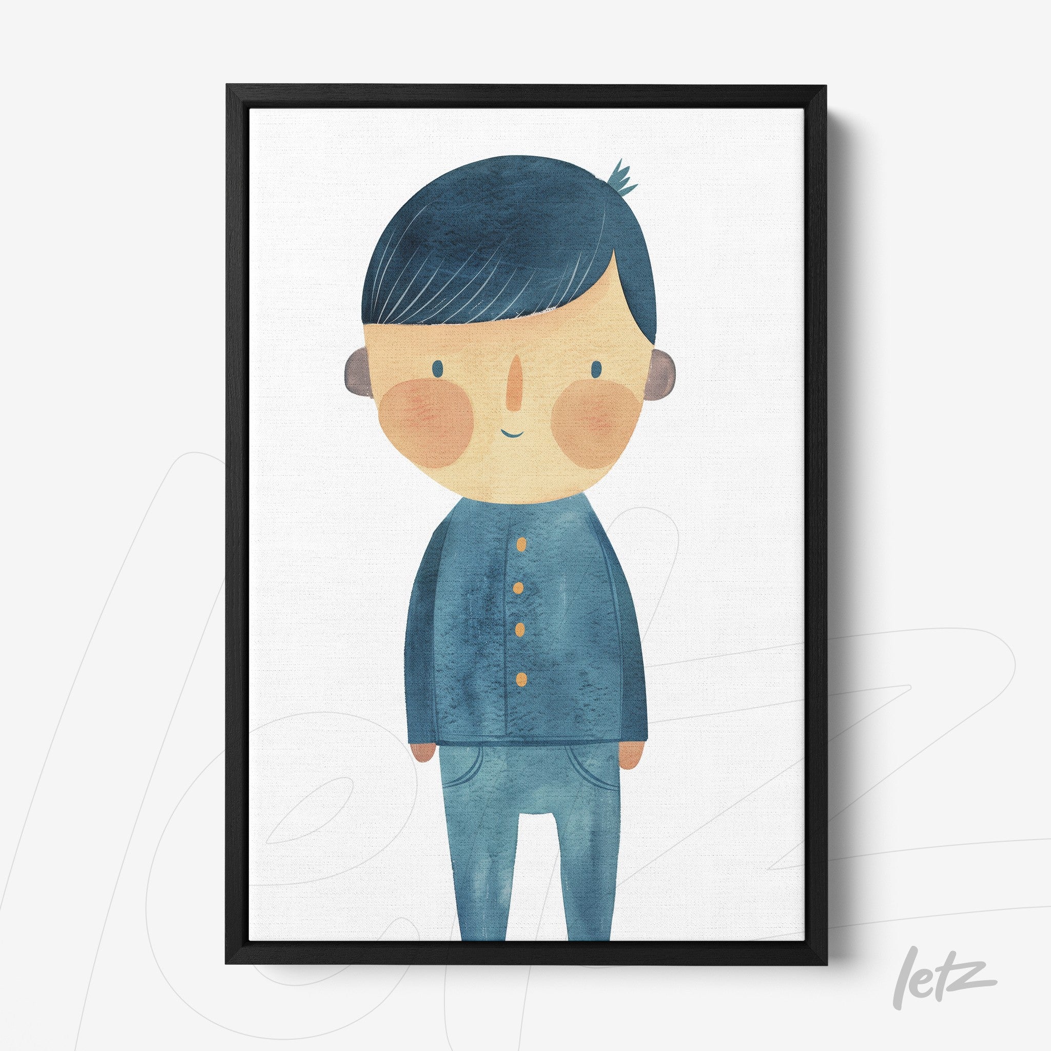 framed wall art featuring a cheerful boy illustration wearing blue clothes with a black frame