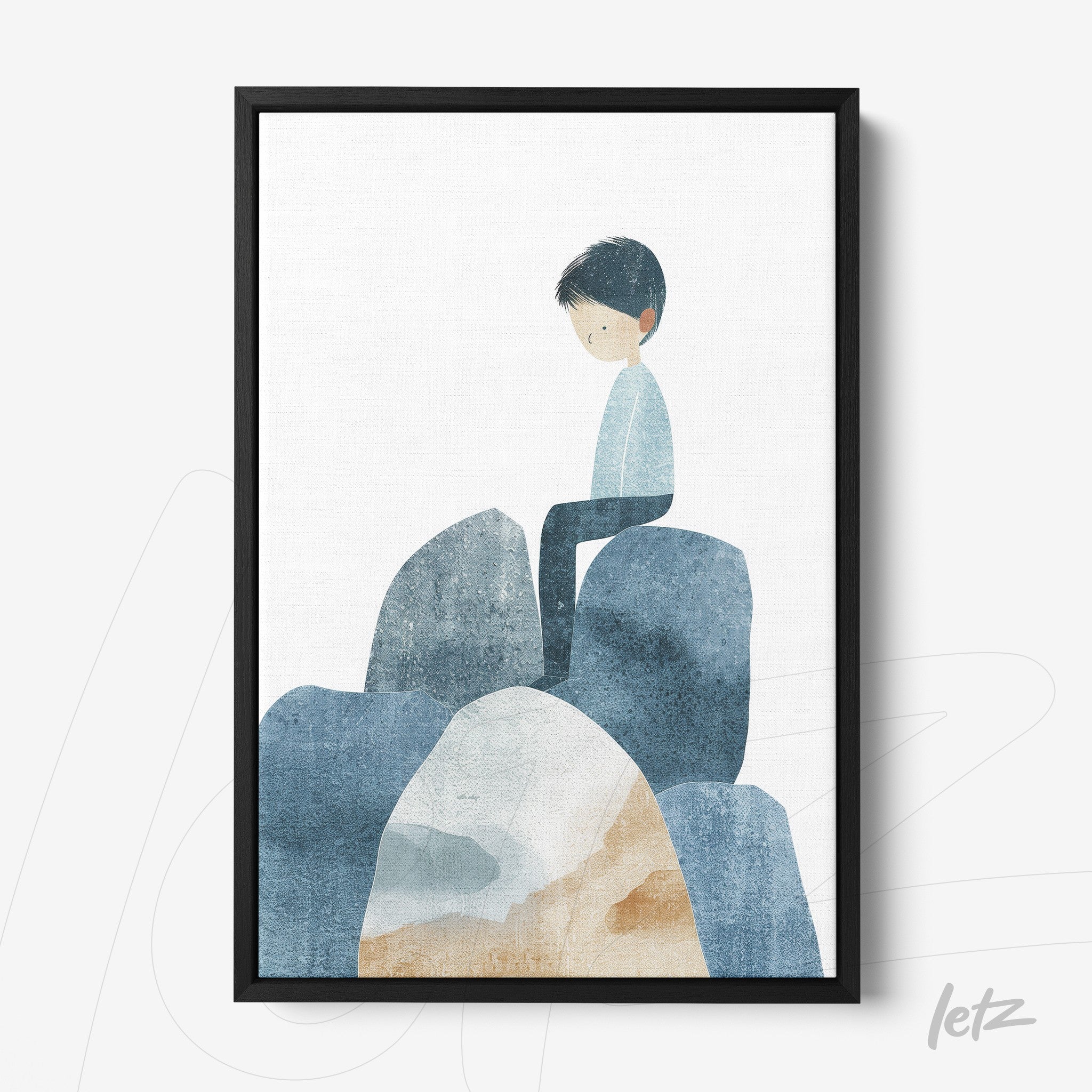framed illustration in cool tones of a boy sitting on rocks with a black frame