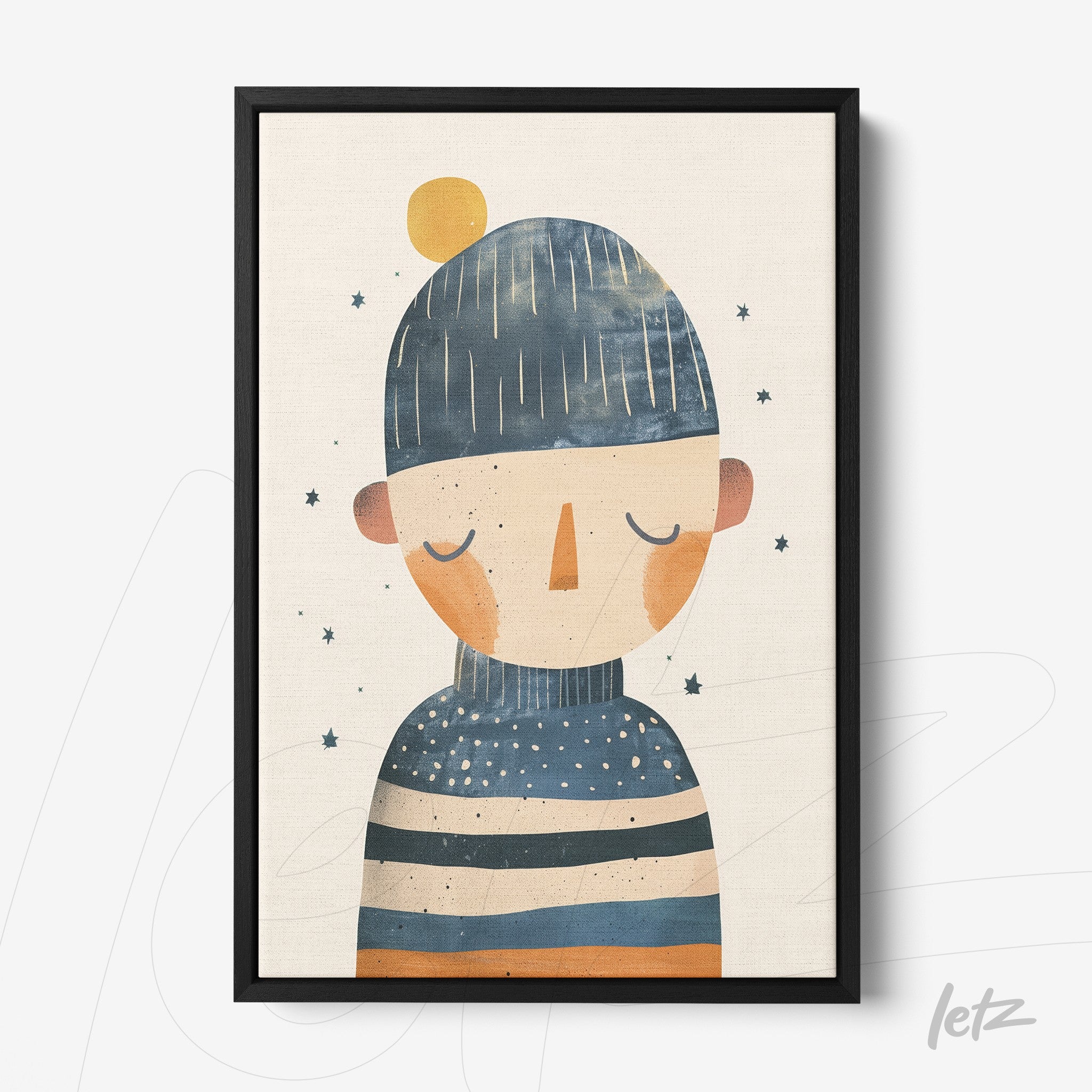 canvas art depicting an abstract figure wearing striped clothing and a hat, with a soft-toned background