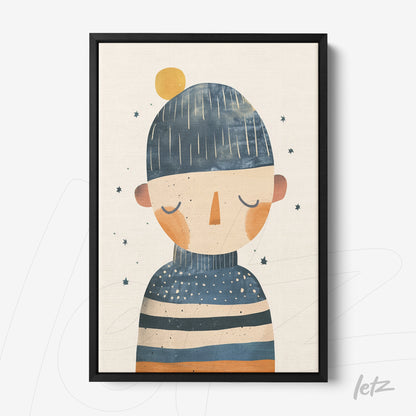 canvas art depicting an abstract figure wearing striped clothing and a hat, with a soft-toned background