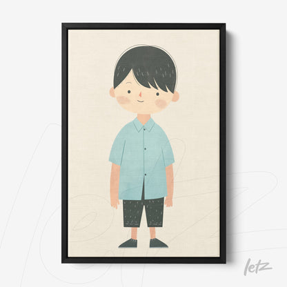 framed art featuring a minimalist illustration of a boy wearing a blue shirt and black pants