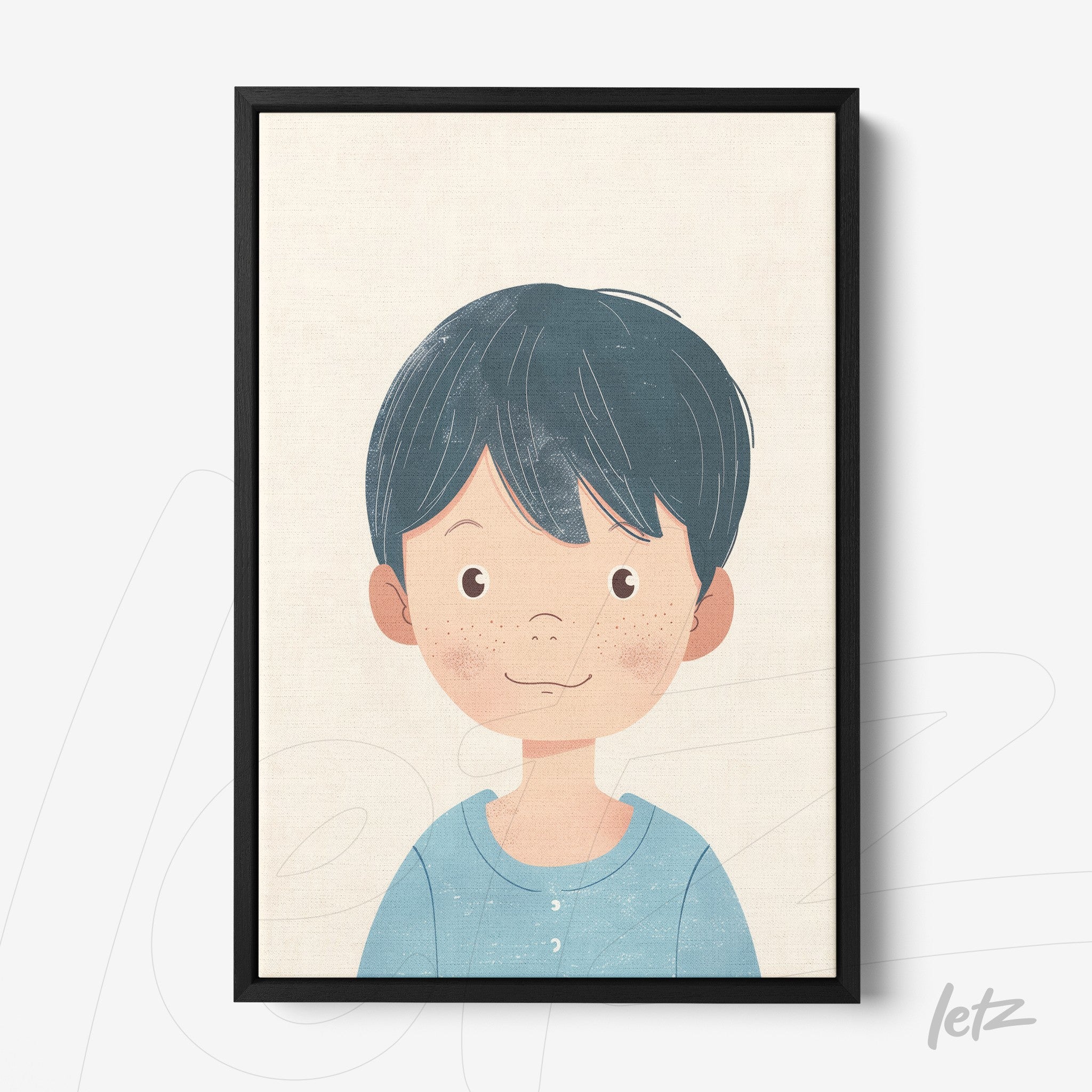 framed artwork of a smiling boy with black hair in a black frame