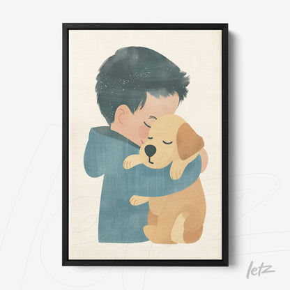 framed wall art of a child hugging a puppy in black frame