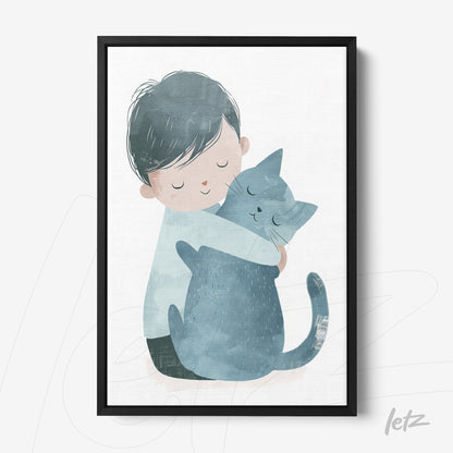 framed wall art featuring a child hugging a gray cat in a black frame