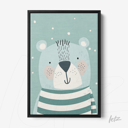 framed artwork of a cute bear in blue and green tones with a light background