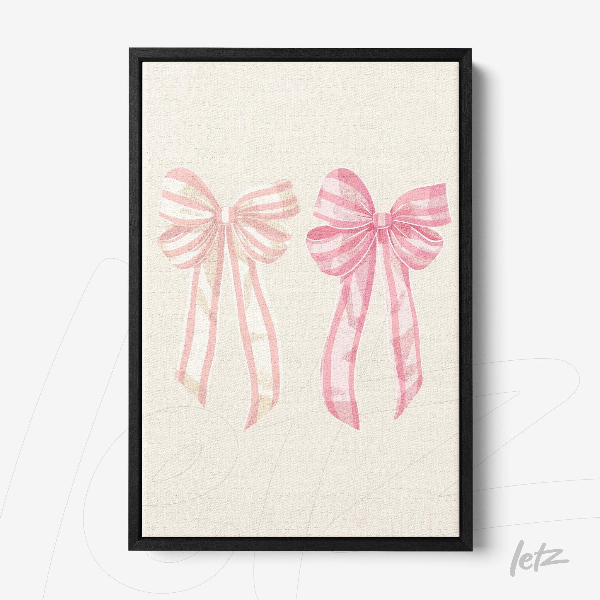 framed artwork featuring pink bows on a light background