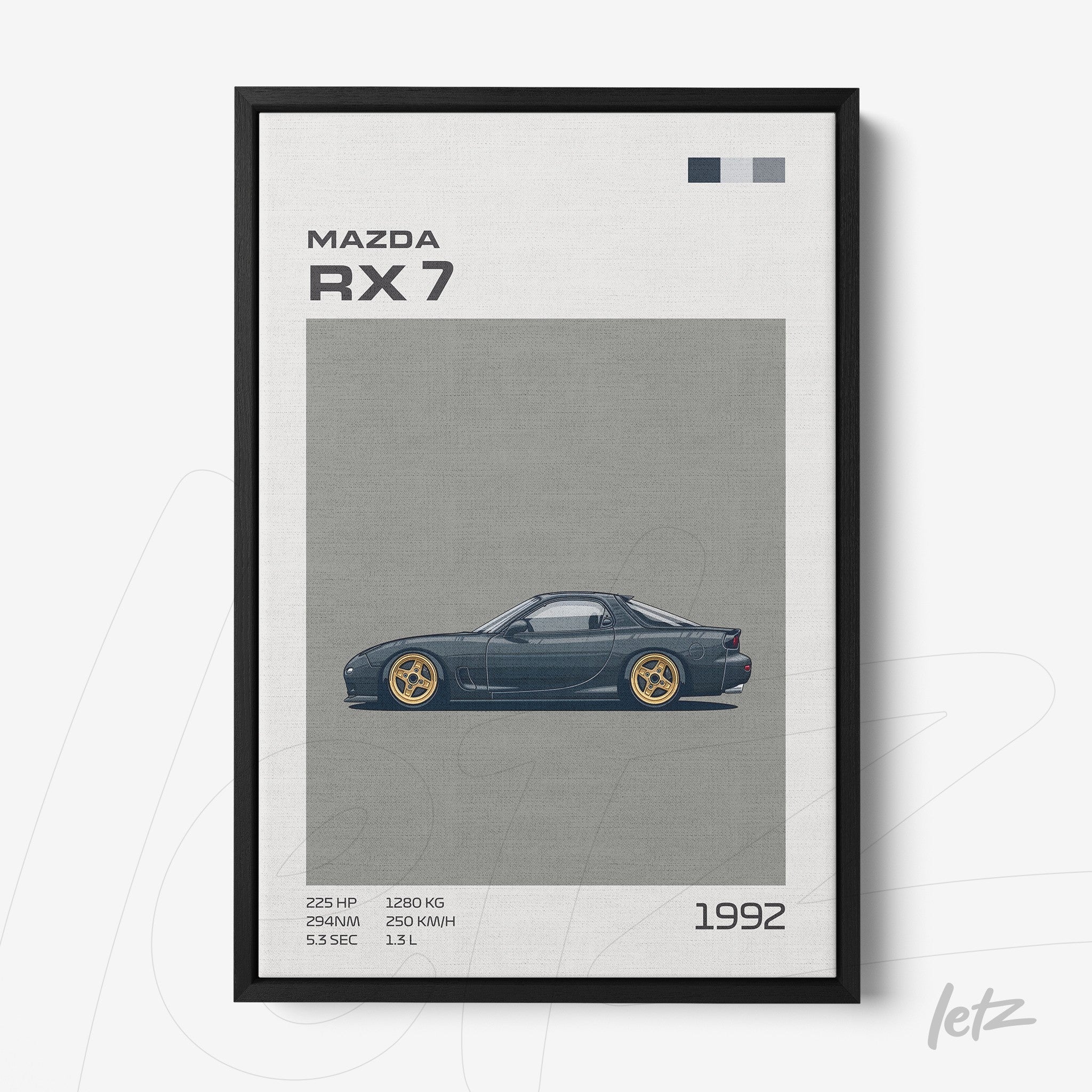 framed vector art of a Mazda RX 7 car on a gray background with a black frame