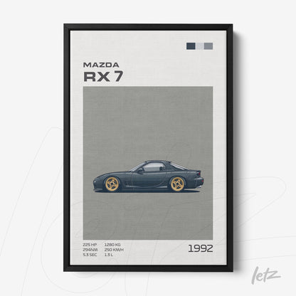 framed vector art of a Mazda RX 7 car on a gray background with a black frame
