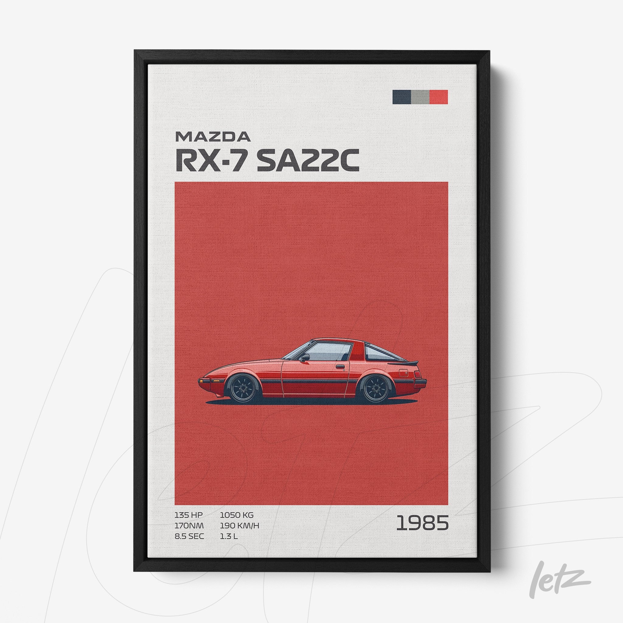 framed artwork of Mazda RX-7 SA22C on red background with graphic details and black frame