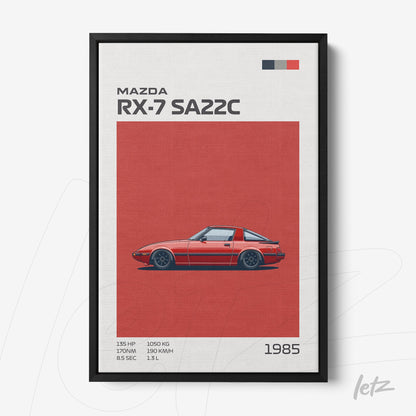 framed artwork of Mazda RX-7 SA22C on red background with graphic details and black frame